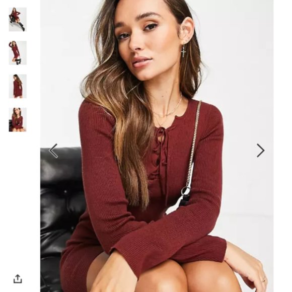ASOS DESIGN Knitted Mini Dress with Lace Up Detail in Rust - Picture 6 of 7